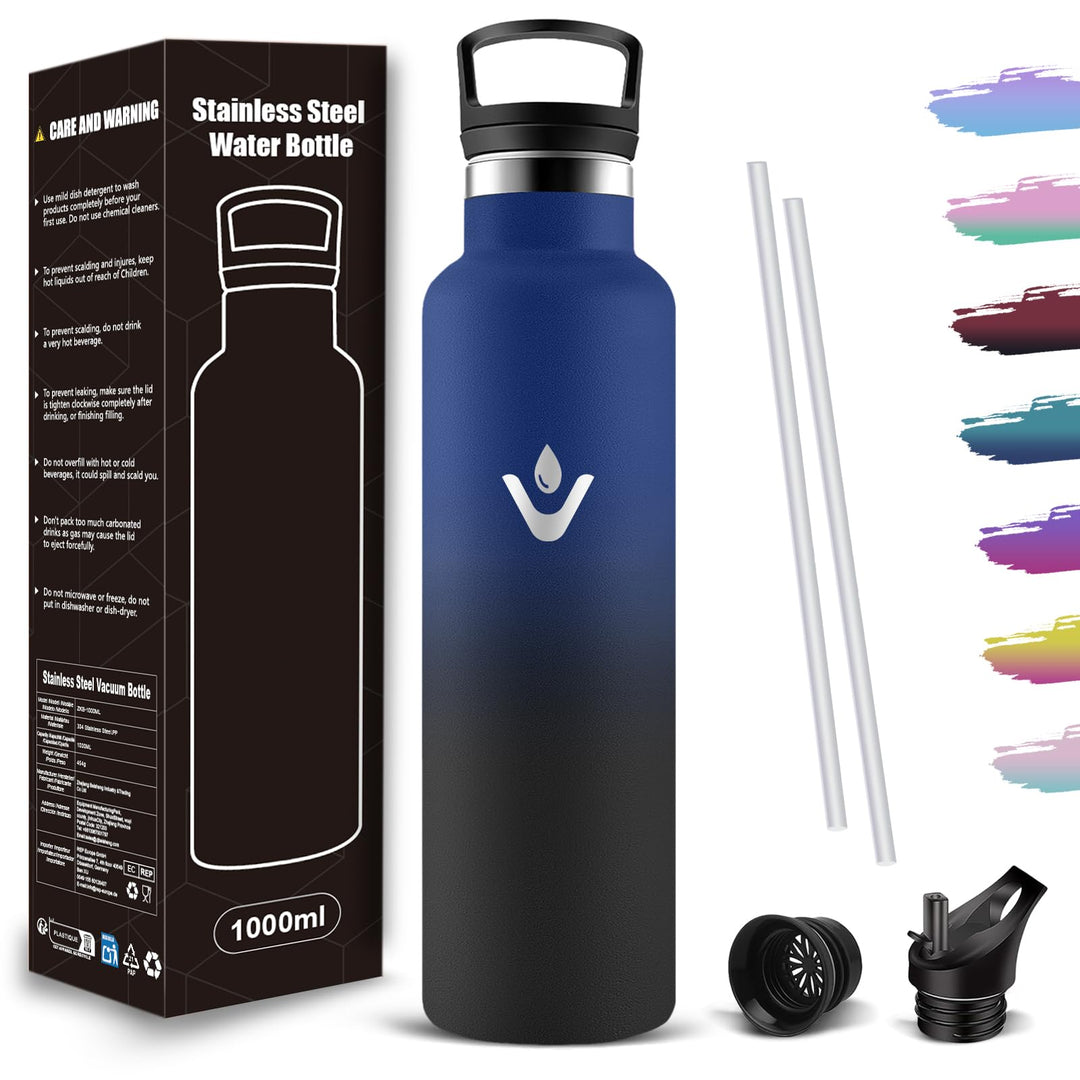 Trinkflasche 1L, Wasserflasche Isolierflasche BPA-Frei, Kohlensäure Geeignet, Thermosflasche 1l Ausl