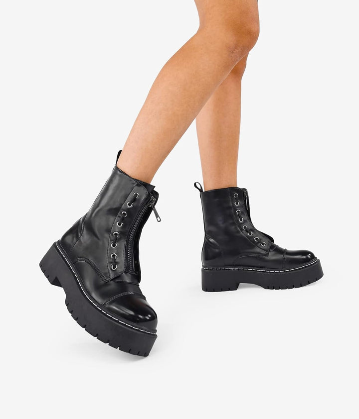 BOSANOVA Militär-Stiefel mit gezackter Plattform und Schnürung oben, mit Reissverschluss, für Damen