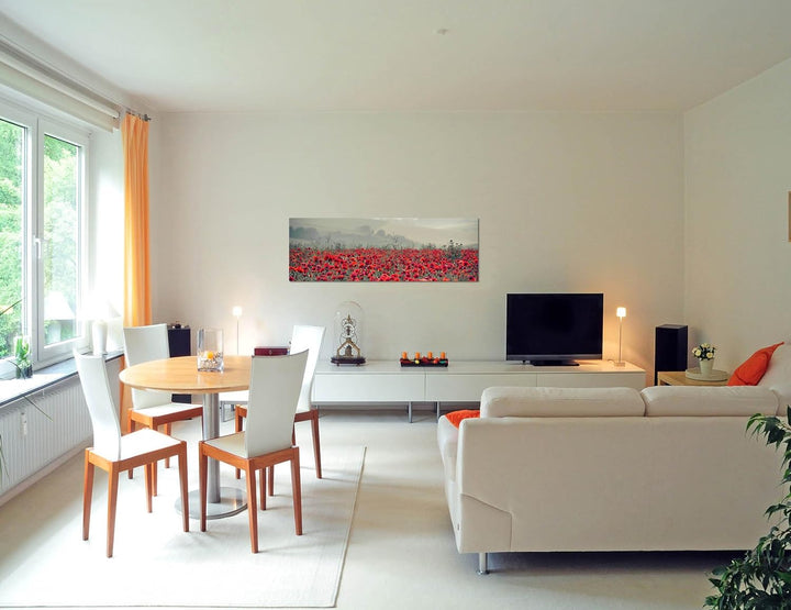Paul Sinus Art Panoramabild auf Leinwand und Keilrahmen 150x50cm Mohnblumen Feld Nebel Sonnenaufgang