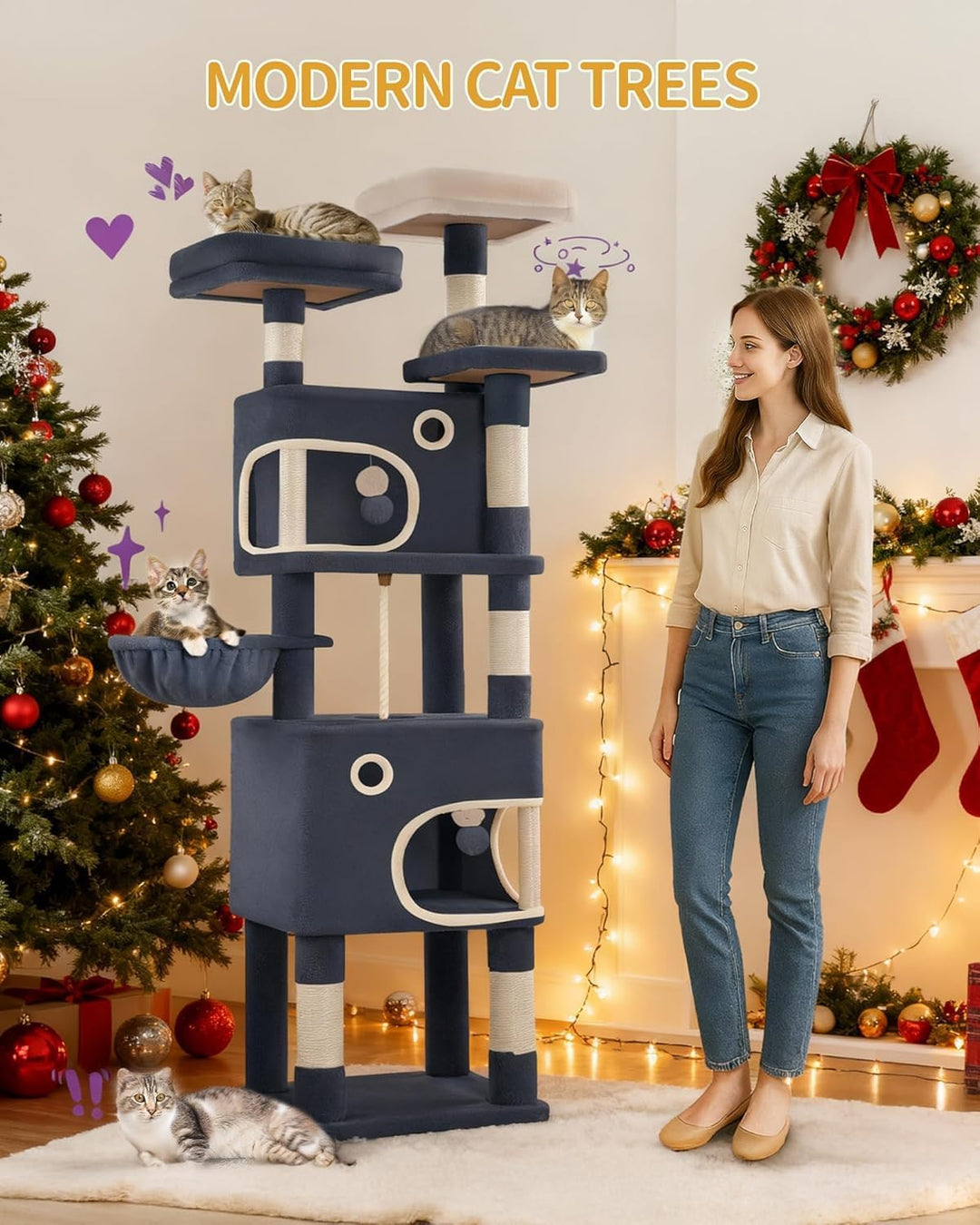 Hzuaneri Kratzbaum, 180 cm Katzenbaum mit 8 Kratzsäulen, 3 Plattformen, 2 Höhlen, Korb, Plüschbälle,