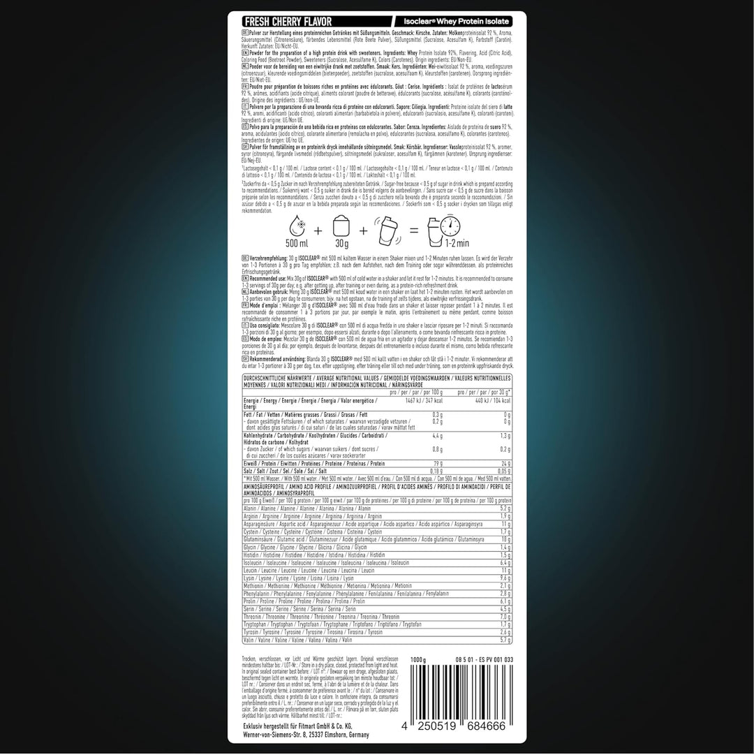 ESN ISOCLEAR Whey Isolate Protein Pulver, 1000g, Fresh Cherry, Proteinlimo mit fruchtig leckerem Ges