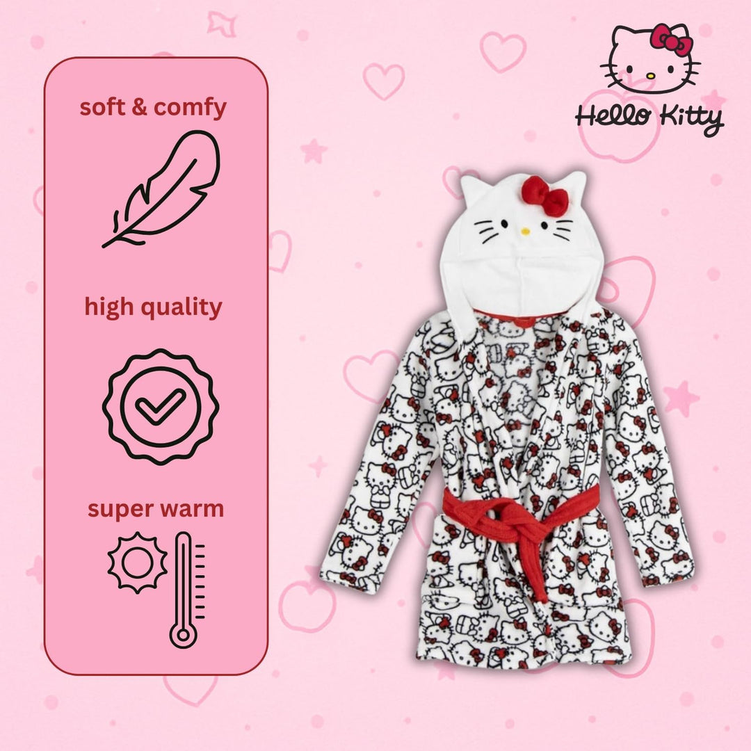 Hello Kitty Mädchen Kinder Bademantel mit Kapuze – Flauschiger Morgenmantel mit niedlichem Katzen-De