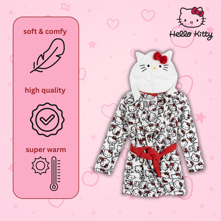 Hello Kitty Mädchen Kinder Bademantel mit Kapuze – Flauschiger Morgenmantel mit niedlichem Katzen-De