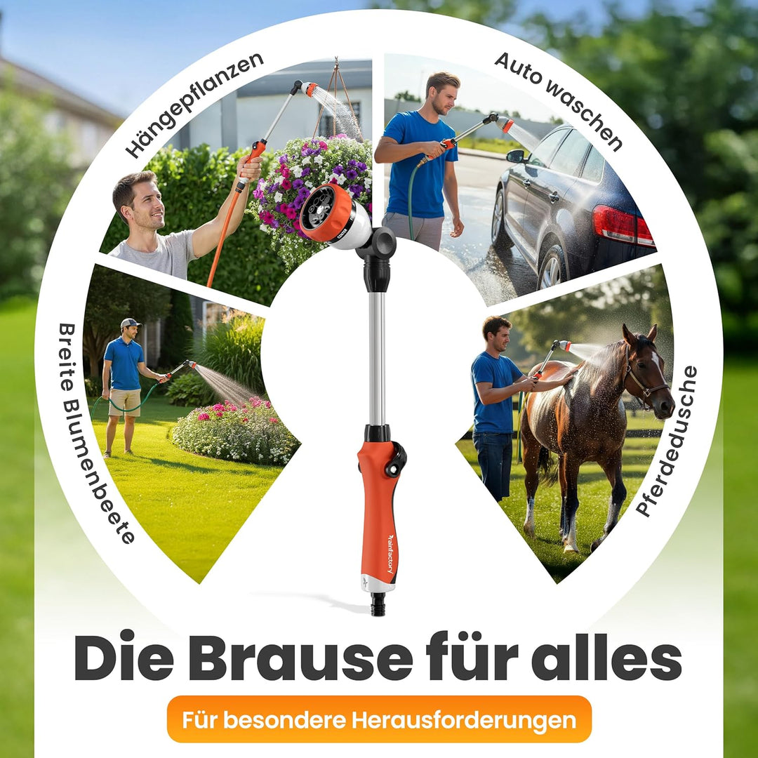 rainfactory Giessstab 45cm - Gartenbrause mit Stiel & 8 Sprühbildern - 180° drehbare Giesslanze mit