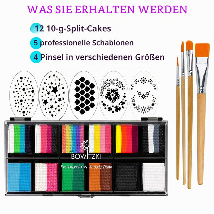 Bowitzki 12x10 gm Face Paint Professional Face Painting Kit For Kids Adults with Stencil One Stroke