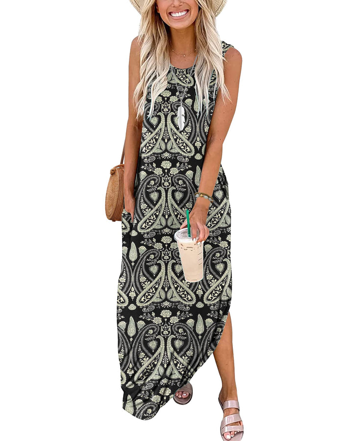 AUSELILY Maxikleider Damen Sommer Ärmellos Strandkleid Lang Sommer-Kleider Tank T-Shirt Kleid mit Ta