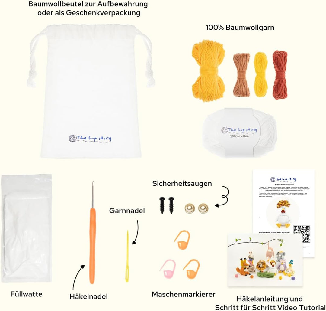 The loop story Häkelset Tiere Huhn Crochet kit mit Video-Kurs (Schritt für Schritt auf Englisch) – H