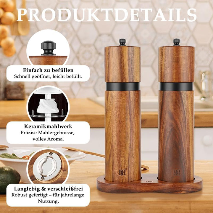 Salz und Pfeffermühlen Set aus Akazienholz mit Keramikmahlwerk mit Holzständer und Reinigungsbürste,