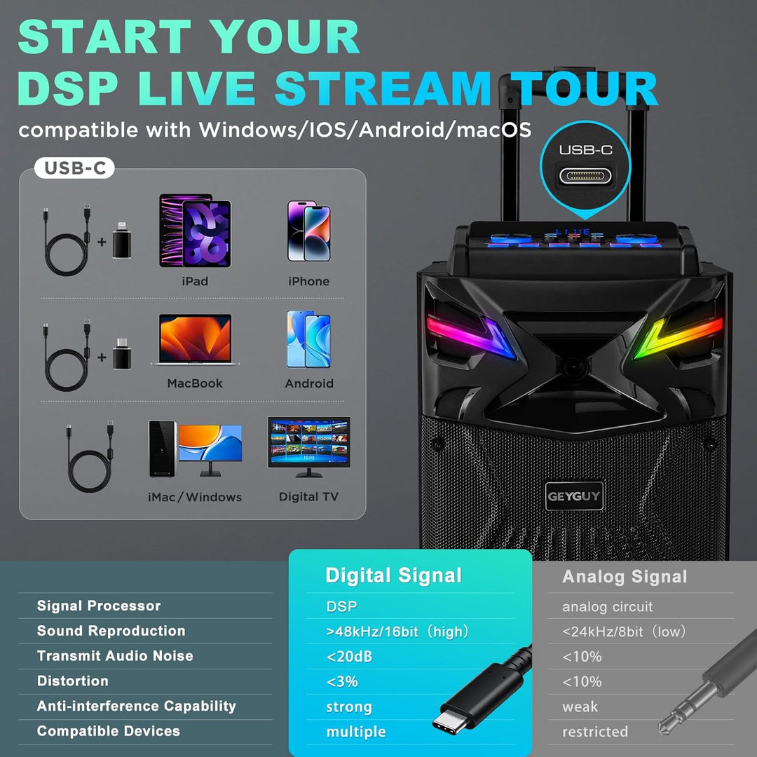 DSP Bluetooth Karaoke-Maschine mit 2 Mikrofonen, 2 × 10" woofer Tragbare PA-Anlage Erwachsene & Kind