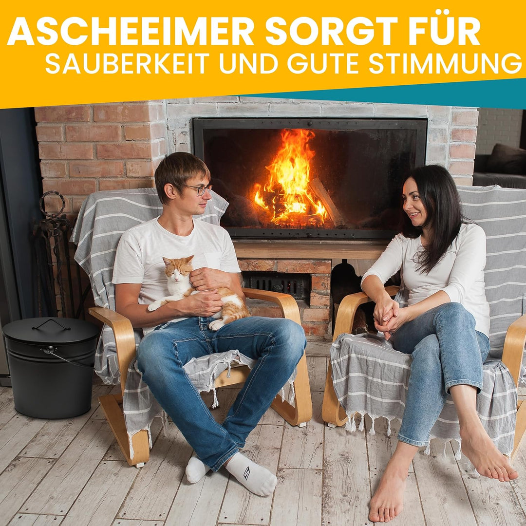 ORA-TEC Ascheeimer mit Deckel - 15 Liter 24 x 33 x 30,5 cm - Kohleeimer Kamineimer in matt Schwarz m