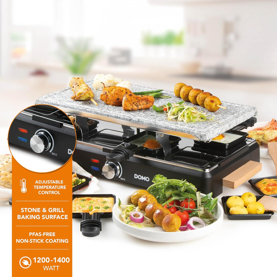DOMO DO9262G Steingrill/Raclette-Grill - Wooden Design - Inklusive Raclettepfännchen und Holzspatel