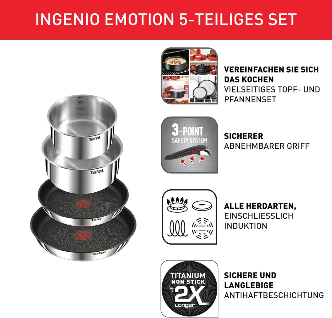 Tefal Ingenio Emotion 5-tlg.Topf und Pfannenset abnehmbarer Griff, stapelbar, platzsparend, Topfset