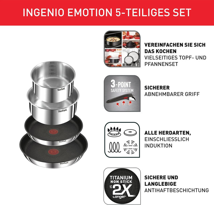 Tefal Ingenio Emotion 5-tlg.Topf und Pfannenset abnehmbarer Griff, stapelbar, platzsparend, Topfset