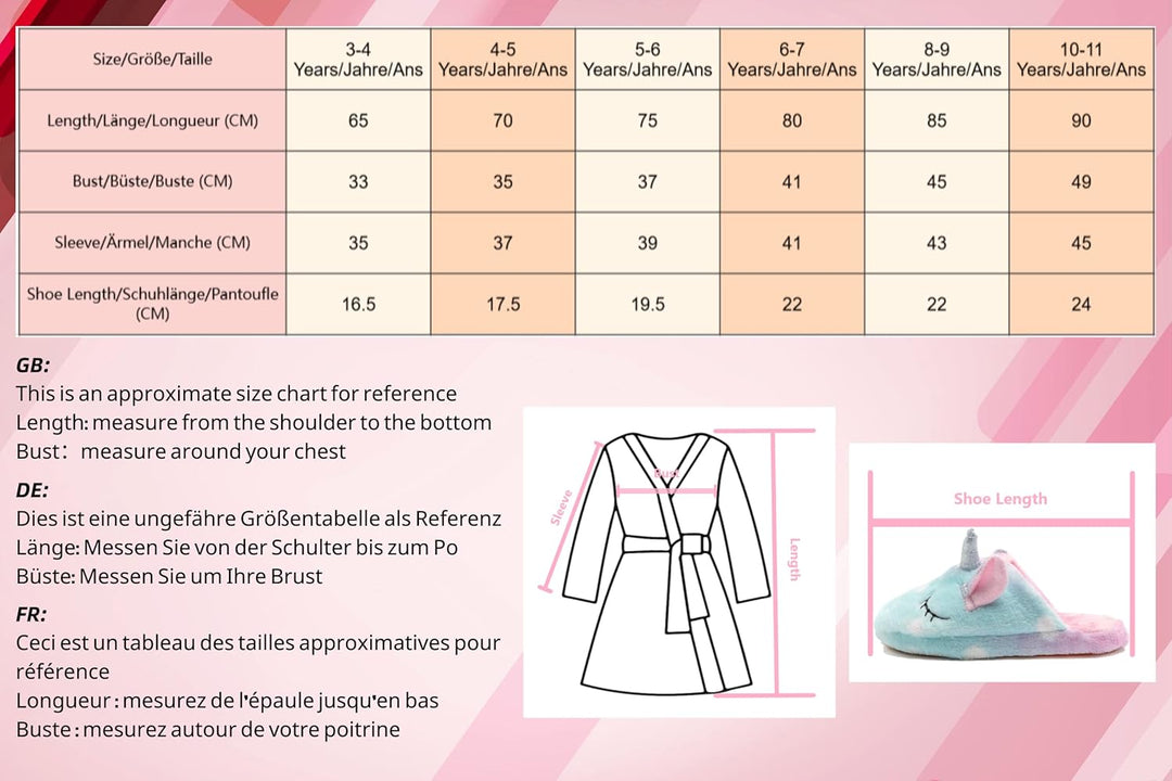 Piefry Weicher Einhorn-Bademantel mit Kapuze für Mädchen mit Einhorn-Pantoffeln, Augenbinde und Stir