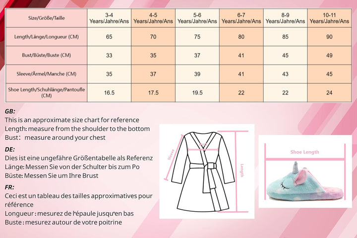 Piefry Weicher Einhorn-Bademantel mit Kapuze für Mädchen mit Einhorn-Pantoffeln, Augenbinde und Stir