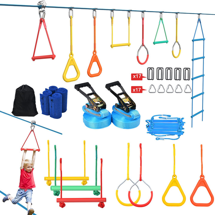 Hapfan Ninja Hindernisparcours, 15 m × 2 Slackline mit 8 Hindernissen zum Aufhängen, Unisex, Slackli