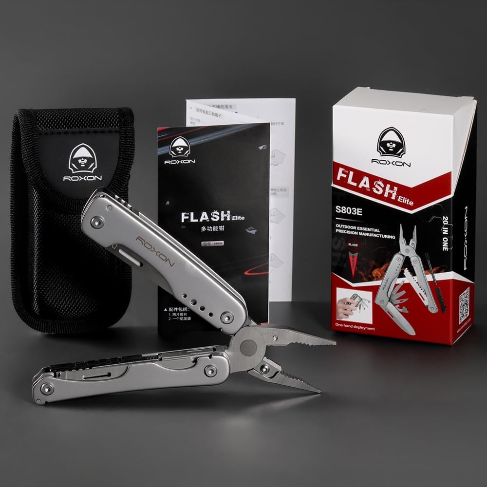 ROXON S803E Elite - Update D2 Messer Multitool Zange mit 20 Funktionen Survival EDC Tool mit Flint R