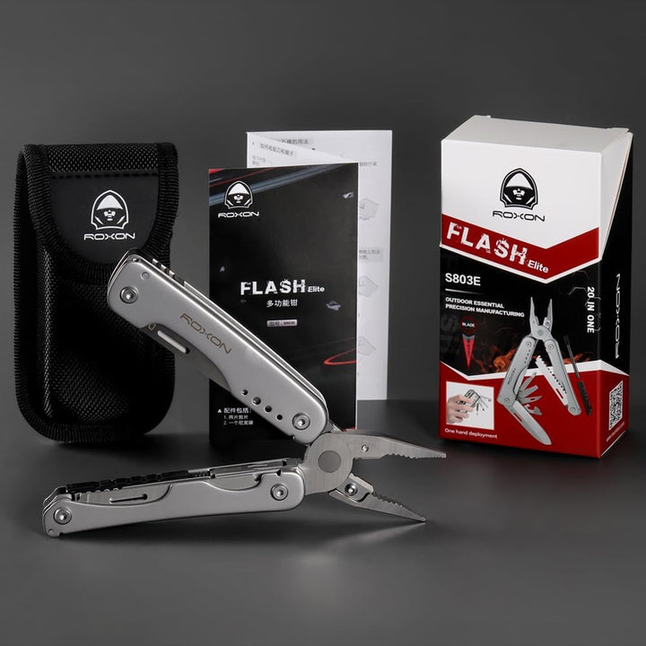 ROXON S803E Elite - Update D2 Messer Multitool Zange mit 20 Funktionen Survival EDC Tool mit Flint R