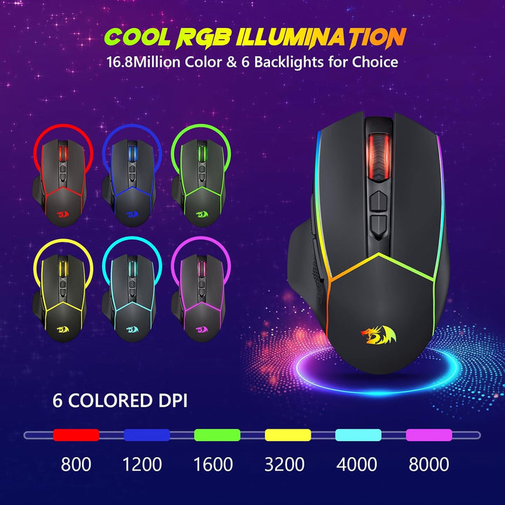 Redragon Kabellose Gaming Mouse, 2.4G/USB-C/Bluetooth Ergonomische Mouse Gaming, 8000 DPI, RGB Back-