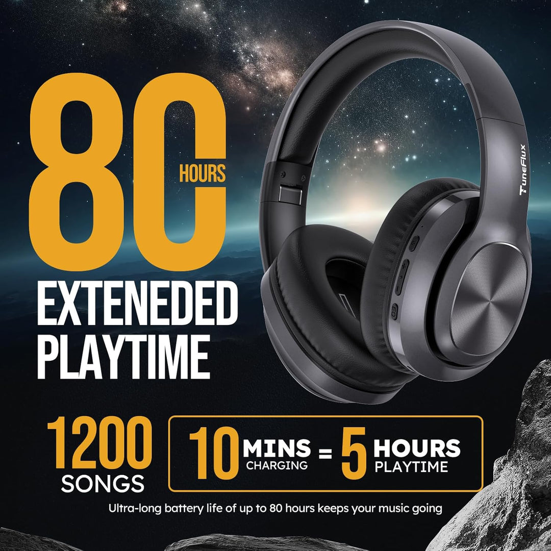 TuneFlux Bluetooth Kopfhörer Over Ear, 80 Std Akkulaufzeit, Kabellos Bluetooth Kopfhörer mit 3 EQ-Mo