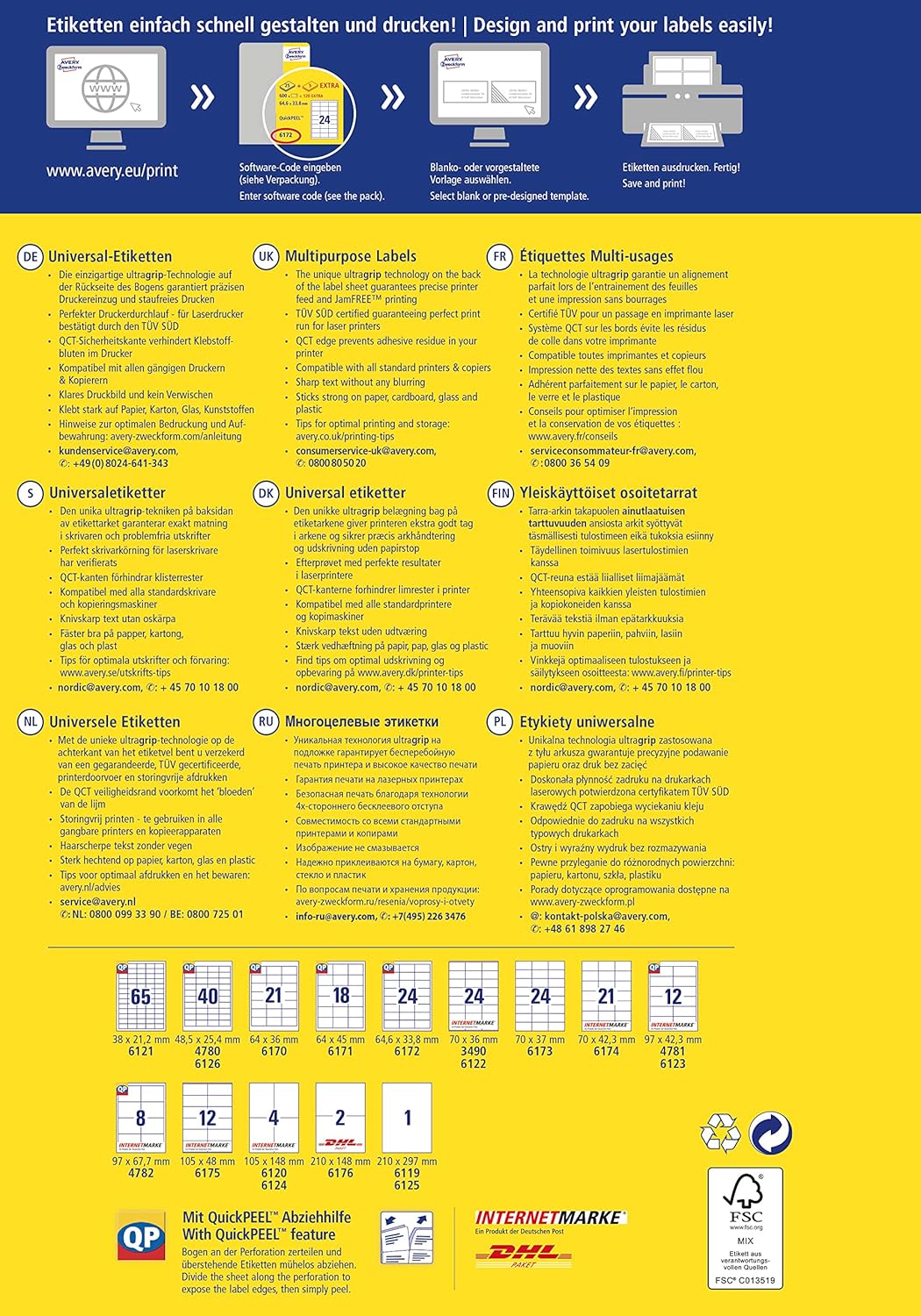 AVERY Zweckform 6175 Adressaufkleber (300 plus 60 Klebeetiketten extra, 105x48mm auf A4, Papier matt