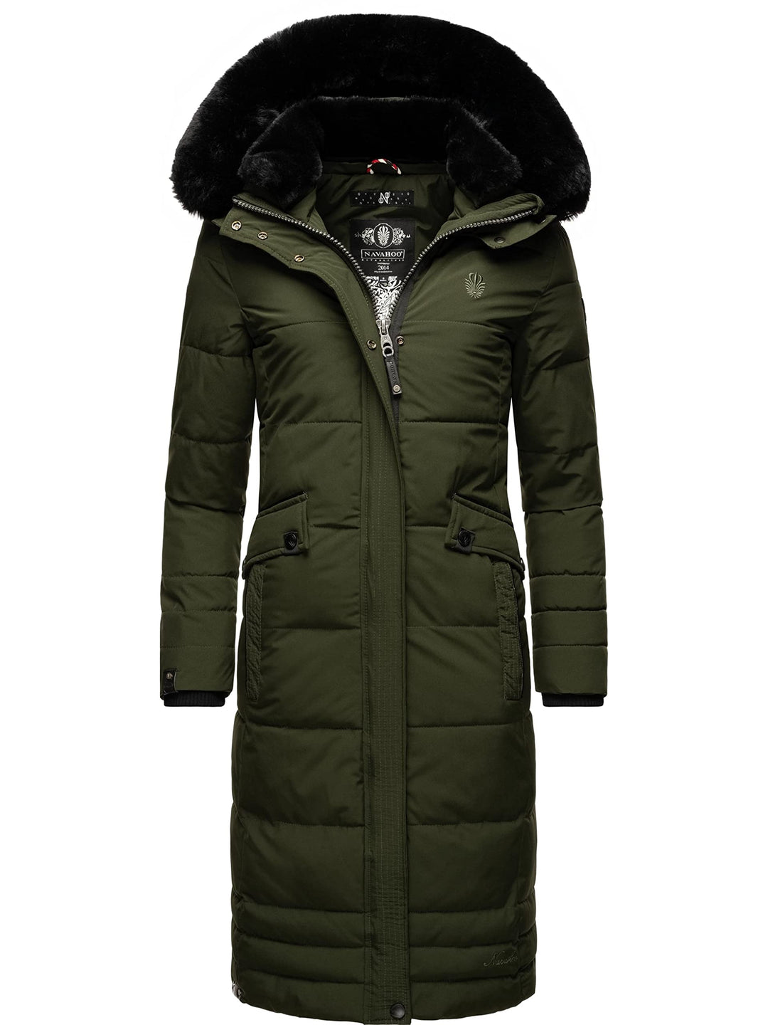 Navahoo Damen Wintermantel Warmer Steppmantel lang mit Abnehmbarer Kapuze Fahmiyaa XS-3XL XL Olive,