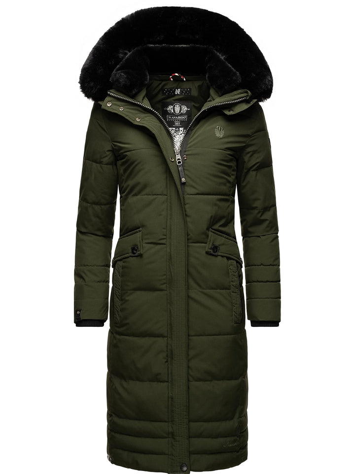 Navahoo Damen Wintermantel Warmer Steppmantel lang mit Abnehmbarer Kapuze Fahmiyaa XS-3XL XL Olive,