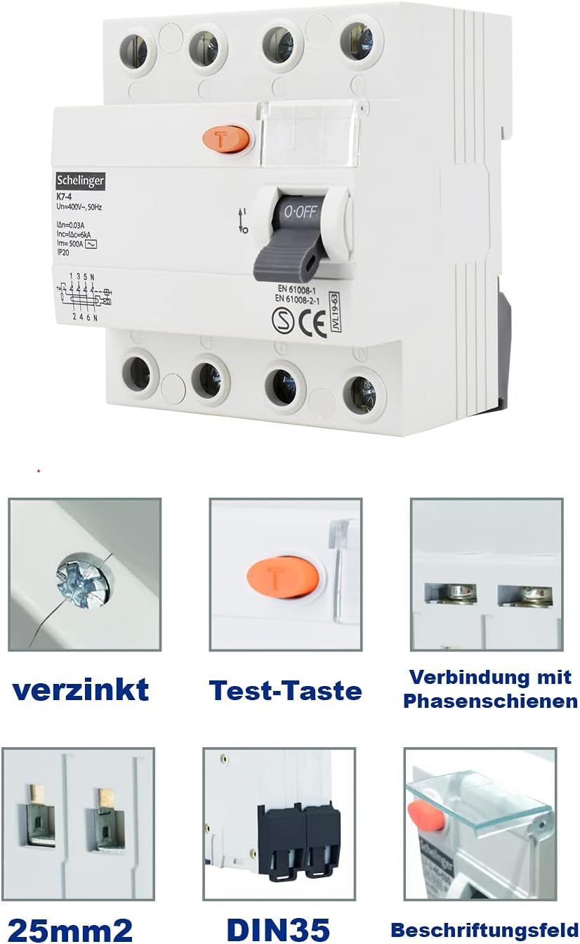 Schelinger Fehlerstromschutzschalter FI-Schalter RCD / 30mA / 4-polig / 40A (4-Polig / 40A / VDE), 4