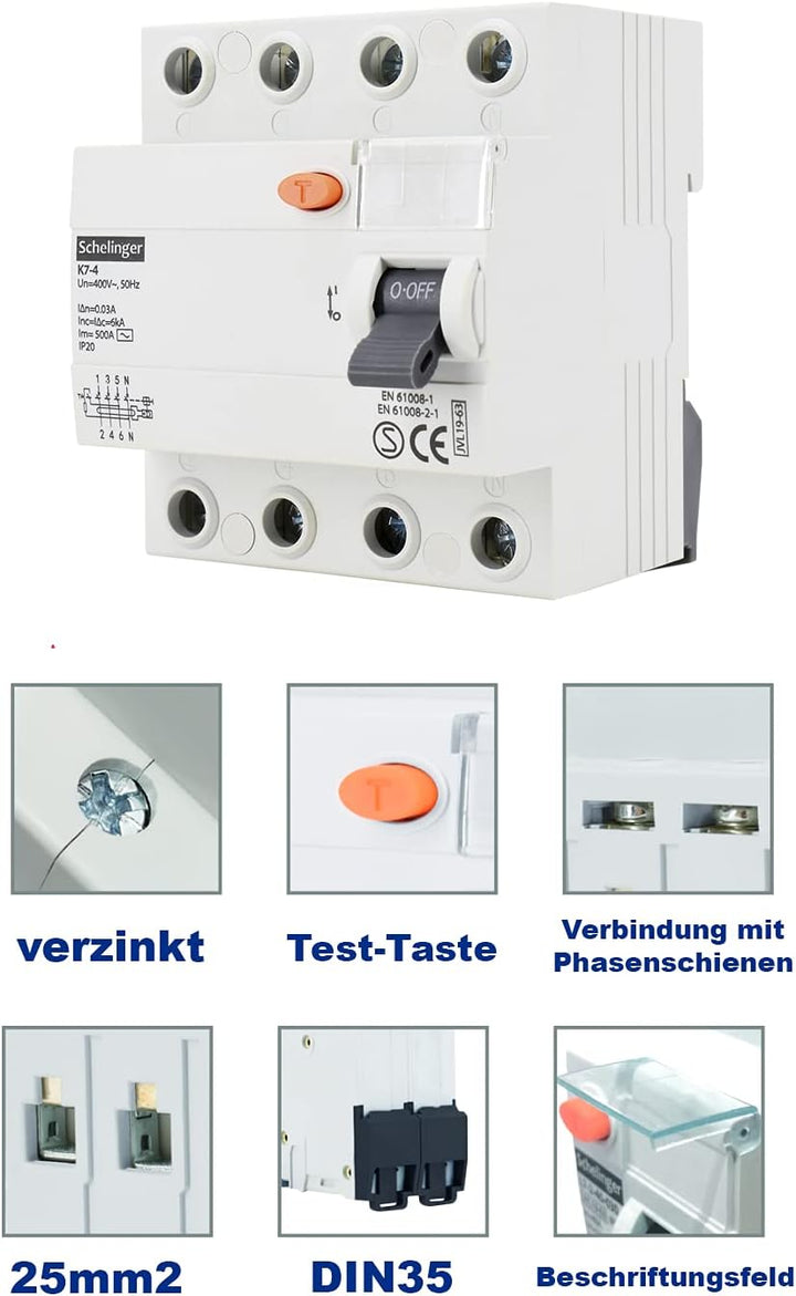 Schelinger Fehlerstromschutzschalter FI-Schalter RCD / 30mA / 4-polig / 40A (4-Polig / 40A / VDE), 4