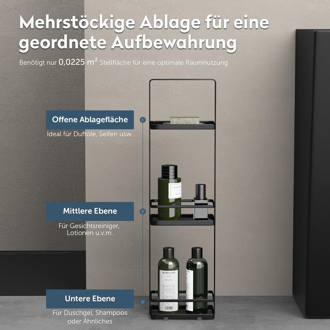 doporro Duschablage ohne Bohren, 3 Ebenen Badregal Stehend, Duschregal Schmales aus Metall, Modernes