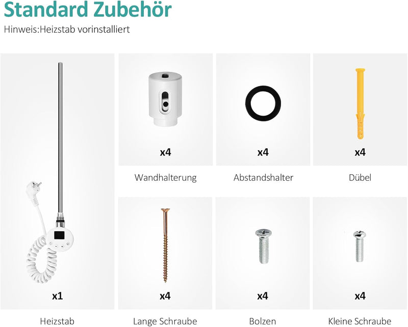 EMKE Badheizkörper Elektrisch 1320x600 mm, Handtuchheizkörper Elektrisch mit Thermostat Gebogen Hand