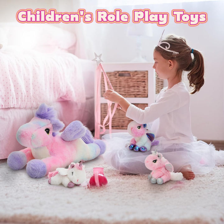 MorisMos 50cm lang riesen Einhorn Kuscheltier XXL, gross Einhorn Stofftier Plüschtier mit 3 Baby im