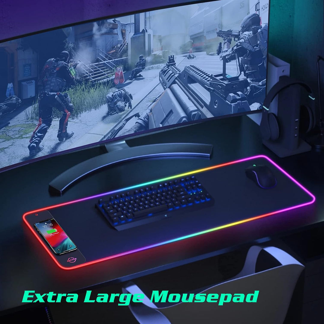 RGB Gaming LED Mauspad - 15W Mauspad mit Kabellosem Laden, 10 Lichtmodi Extra Grosses Mauspad Rutsch