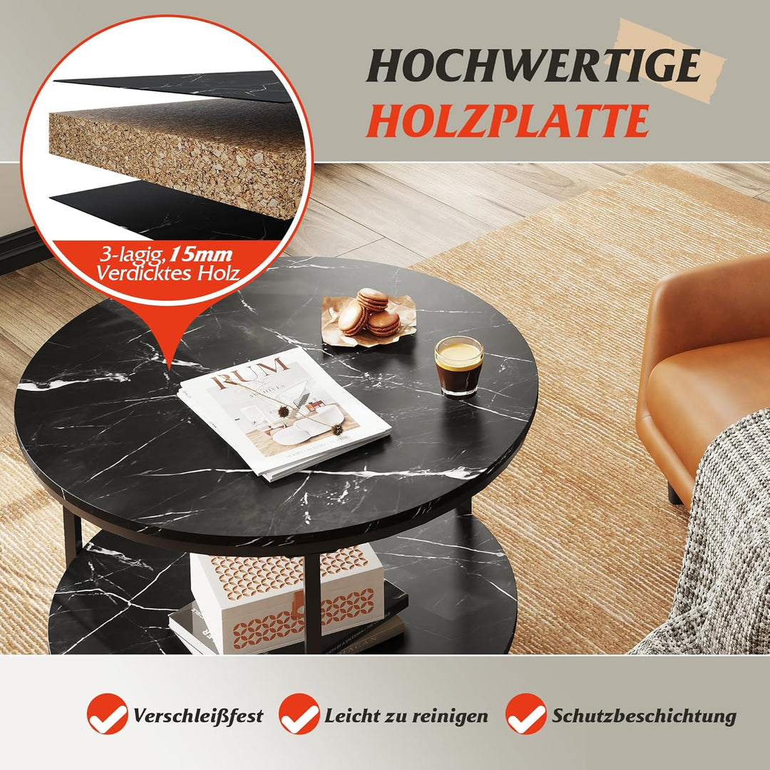WLIVE Couchtisch Rund, Wohnzimmertisch Holz mit 2 Ebenen, Sofatisch mit viel Stauraum, für Wohnzimme