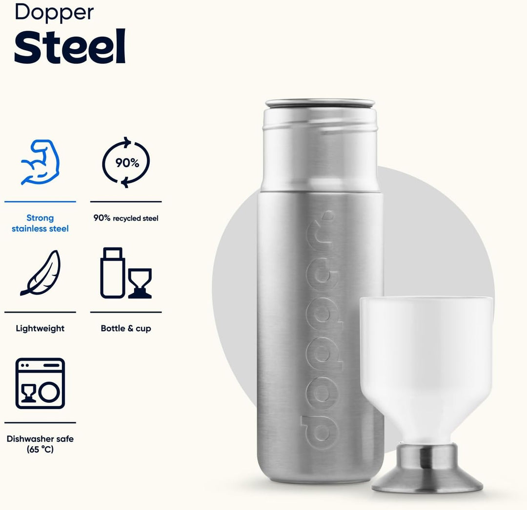 Dopper Steel Trinkflasche 350ml, 490ml, 800ml, 1.1L - Edelstahl Flasche - BPA freie Wasserflasche, 1