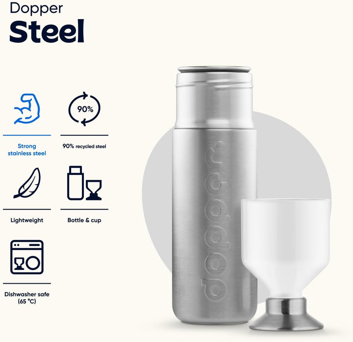 Dopper Steel Trinkflasche 350ml, 490ml, 800ml, 1.1L - Edelstahl Flasche - BPA freie Wasserflasche, 1