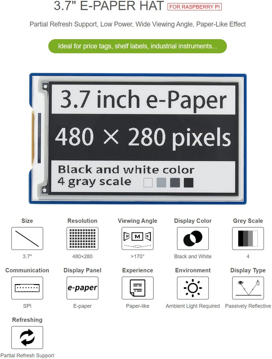 Waveshare 3.7inch E-Paper E-Ink Display HAT for Raspberry Pi with 480×280 Pixels Black/White 4 Grey