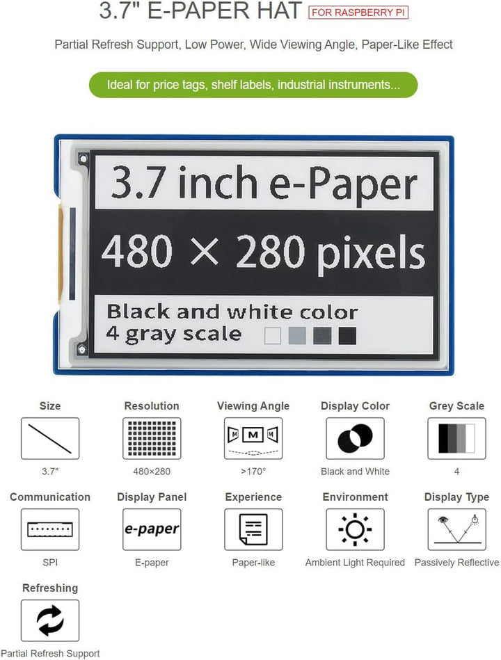 Waveshare 3.7inch E-Paper E-Ink Display HAT for Raspberry Pi with 480×280 Pixels Black/White 4 Grey
