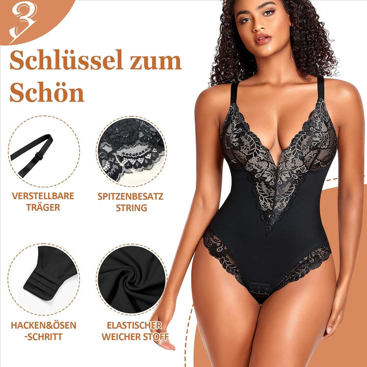 YARRCO Shapewear Damen Body Shaper Bauchweg XL Schwarz auf Beige-Tief-V-Spitze, XL Schwarz auf Beige