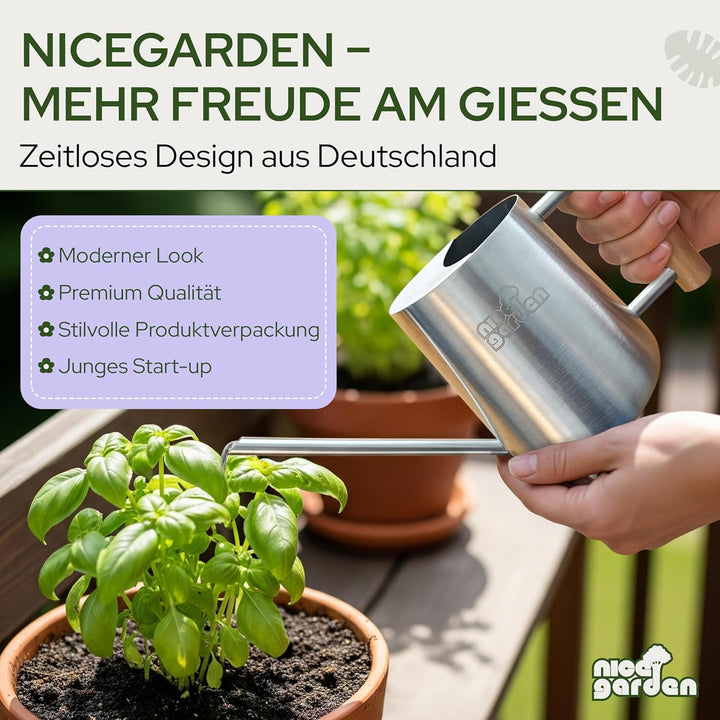 Edelstahl Giesskanne 1L | Design Blumengiesskanne mit Holzgriff | extra stabil & stilvoll | perfekt