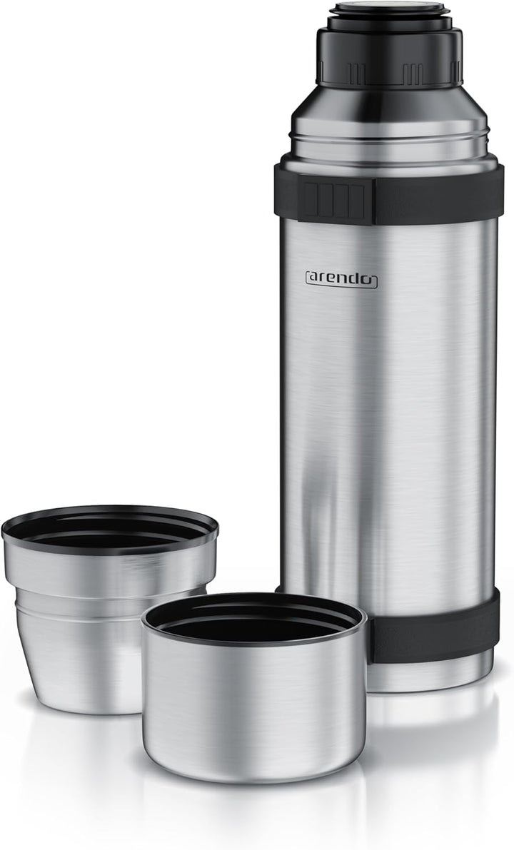 Arendo - Thermoskanne 1l Edelstahl – mit 2 Becher - Thermosflasche doppelwandig - 1000ml - One Click