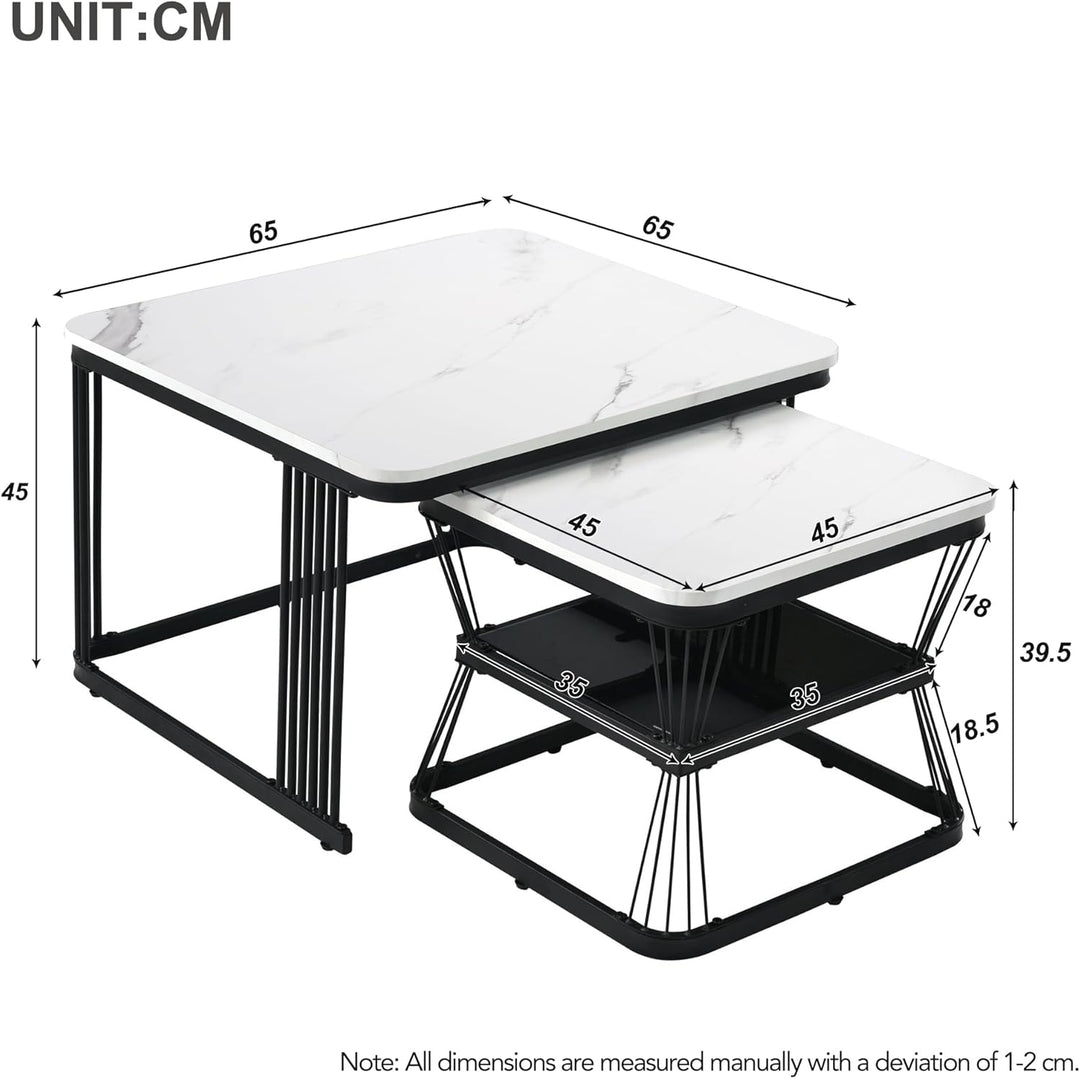 Merax Quadratisch Couchtisch 2er Set, Moderne Wohnzimmertisch mit Marmoroptik, Hochglänzend Satztisc