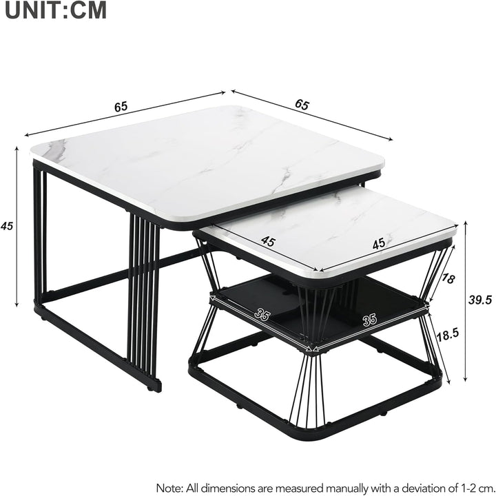 Merax Quadratisch Couchtisch 2er Set, Moderne Wohnzimmertisch mit Marmoroptik, Hochglänzend Satztisc