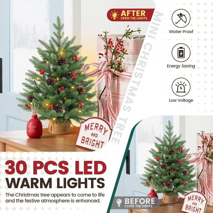 Mini Weihnachtsbaum，60CM PE Christbaum mit Kiefernzapfen DIY、Rote Beeren、Sackleinen,Tisch Weihnachts