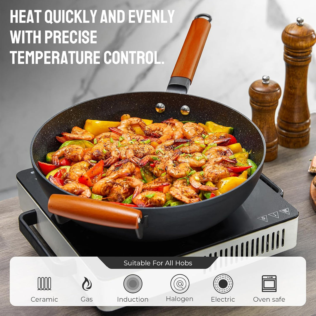 BEZIA Wokpfanne mit Deckel, Wokpfanne Induktion, Wok Pfanne 32 cm antihaftbeschichtet mit Holzgriff,