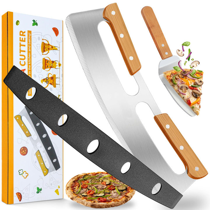 Pizzaschneider Gross - Profi Pizzamesser (Pizza Cutter) aus Edelstahl 35cm mit Holzgriff & Klingensc