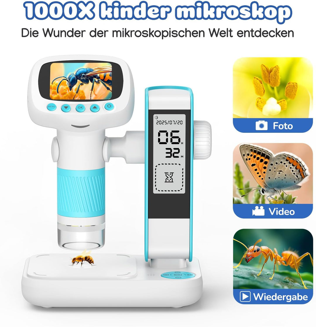 Digitales Mikroskop für Kinder mit Wecker, Tragbares Kinder Mikroskop mit 1000x Vergrösserung, 2 Zol