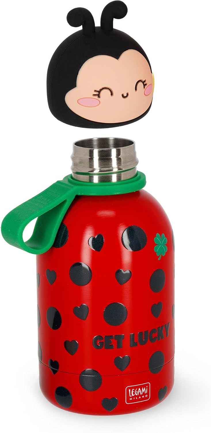 Legami - Hot&Cold BFF Kinder-Wasserflasche, Ladybug, doppellagig aus 18/8 Edelstahl mit luftdichtem