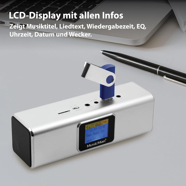 Musicman MA Soundstation Stereo-Lautsprecher mit integriertem Akku und LCD Display (MP3 Player, Radi