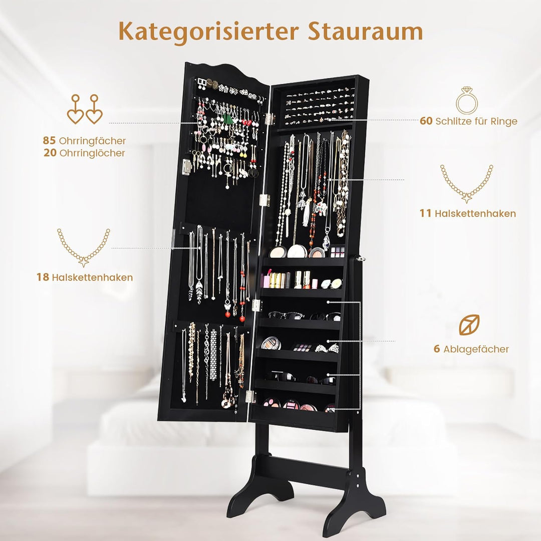 COSTWAY Schmuckschrank, Schmuckregal abschliessbar, Schmuck Spiegelschrank mit Ganzkörperspiegel für